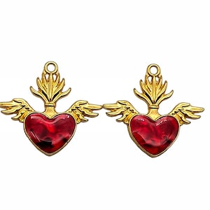 Sacred Heart Charms: Gold Winged Pendants with Red Enamel (2pcs)