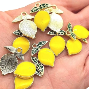 Enamel Lemon Charms: Fruit Themed, Summer Style (10pcs) Bulk Buy Available