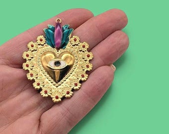 Large Sacred Heart Pendant: 18k Gold Plated, Evil Eye, Ex-Voto Charm (52mm x 41mm)