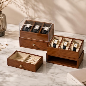 Wooden Watch Box Jewelry Organizer | Double Layer Storage Display Case