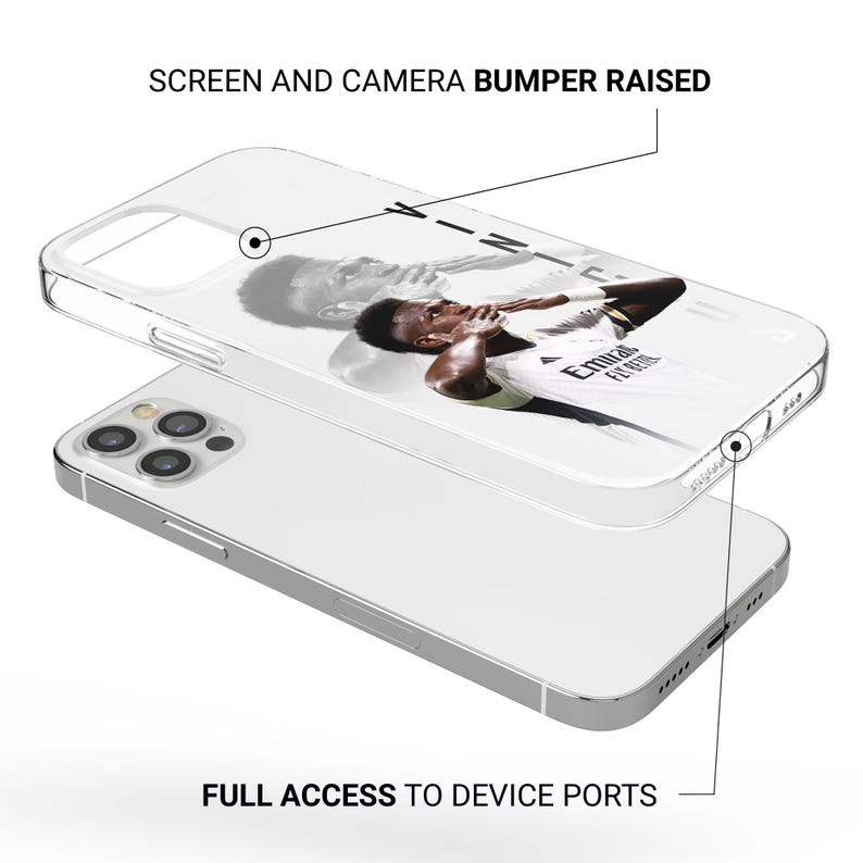 May include: A clear phone case featuring a black and white graphic of a soccer player celebrating, with the text "SCREEN AND CAMERA BUMPER RAISED" and "FULL ACCESS TO DEVICE PORTS" pointing to the case features on a white smartphone.