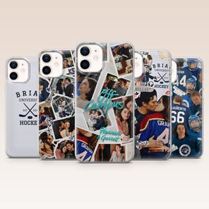 May include: A collection of five clear phone cases. Each case features a collage of images, including couples, text, and sports-related graphics. The text includes "Bria University Hockey", "Off Campus", and names. The cases are designed for various phone models.