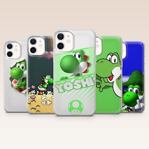 May include: A collection of phone cases featuring the character Yoshi from the Super Mario video game series. The cases display various Yoshi designs in green, white, and blue, with the word "Yoshi" and a mushroom symbol.