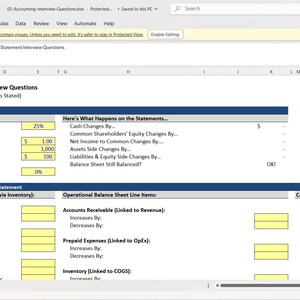 Könnte beinhalten: Ein Screenshot einer Microsoft Excel-Tabelle mit dem Titel "Accounting and Three-Statement Interview Questions". Die Tabelle enthält Abschnitte für Annahmen, Interviewfragen und Kapitalflussrechnungen mit verschiedenen Datenfeldern und Formeln.