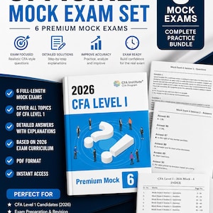 Op de afbeelding: Promotieafbeelding voor de 2026 CFA Level 1 Official Mock Exam Set. De afbeelding toont een boek met de titel en een vraagtekenontwerp, samen met oefenvragen en antwoorden. De set bevat 6 proefexamens en is ontworpen voor examenvoorbereiding en -herziening.