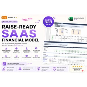 Può includere: Un modello Excel digitale per la pianificazione finanziaria SaaS intitolato Raise-Ready SaaS Financial Model. Il documento include sezioni per le previsioni dei ricavi, i budget di ingegneria, le metriche SaaS e varie tabelle di analisi.