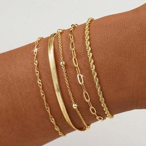 Dainty Gold Bracelet Set, 5-Piece Chain Stack, Office Jewelry