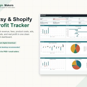 May include: A digital Etsy & Shopify Profit Tracker dashboard. The image shows a clean Excel dashboard with charts and graphs tracking revenue, fees, product costs, ads, refunds, and profit. Text includes "Instant digital download" and "Built for POD + small sellers."