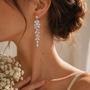 Pode incluir: Brincos pendentes prateados elegantes com cristais transparentes brilhantes. Os brincos apresentam um design delicado em cascata com várias formas de cristais, criando um visual glamouroso e sofisticado. Perfeitos para ocasiões especiais.