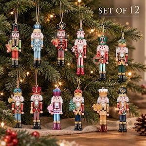Set of 12 Wooden Nutcracker Christmas Ornaments