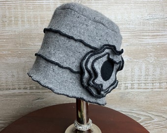 Cashmere Winter Hat,grey, hat, cap, women's winter hat, flower, cloche Rosette, Recycled Sweater, sweater hat