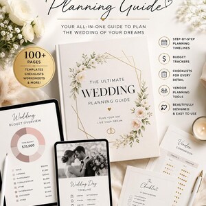Könnte beinhalten: Ein Hochzeitsplaner mit dem Titel "The Ultimate Wedding Planning Guide" wird mit einem Tablet angezeigt, das einen Budgetüberblick und einen Zeitplan anzeigt. Der Leitfaden enthält Checklisten, Arbeitsblätter und Vorlagen.