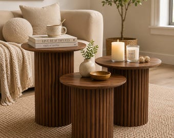 Round Nesting Coffee Table Set of 3, Mid Century Modern Fluted Side Tables, Small Wooden End Tables, Drink Plant Tables