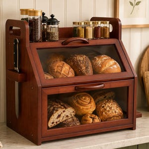 May include: A wooden bread box with two glass-fronted compartments, filled with various loaves of bread and pastries. The box has a dark finish, a handle on top, and a knife holder. Jars of spices sit on top. A knife is in the holder.
