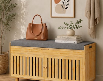 Bamboo Shoe Bench with Storage, Entryway Bench with Hidden Lift Top & Padded Seat, 2 Door Shoe Cabinet Organizer for Hallway