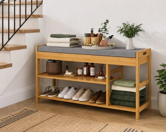 Bamboo Shoe Rack Bench with Storage, Entryway Shoe Organizer Bench with Cushion Seat, 2-Tier Shoe Storage Cabinet for Hallway & Bathroom