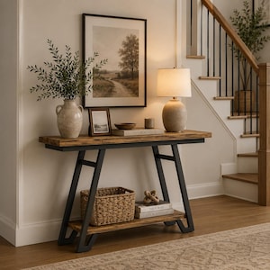 May include: A rustic console table with a dark metal frame and a distressed wood top. The table is decorated with a lamp, framed artwork, a vase with greenery, and a woven basket. The table is 48 inches long.