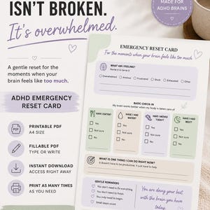 Op de afbeelding: Een ADHD-noodresetkaart als printbare PDF met een checklist voor gevoelens, basisbehoeften zoals eten en drinken, en zachte herinneringen. Het document bevat secties voor zelfreflectie, dagelijkse check-ins en bemoedigende teksten.