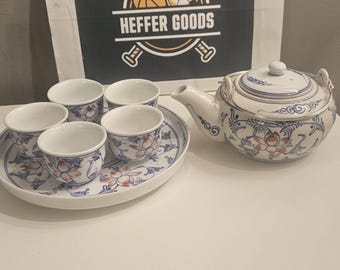 Vintage Bat Trang Vietnamese Ceramic Tea Set, Blue & White Hand Painted Pottery, Minh Hai Ceramic Teapot Tray and 5 Cups, Asian Decor