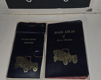 Vintage Great Britain Road Atlas-set, marineblauwe bestuurdersportemonnee, klassieke auto Automobilia