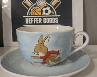 Vintage Whittard of Chelsea Jane Massey Rabbit kop en schotelset, blauwe keramische kindertheeset, kerstcadeau wintersneeuwbal
