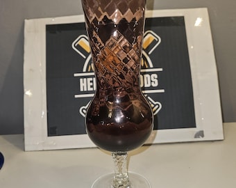Vintage Italiaanse Empoli amethist glazen vaas halverwege de eeuw moderne paarse gegolfde bekervaas met heldere gedraaide steel jaren 60 kunstglas