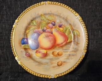 Vintage Aynsley Orchard Gold Cabinet Plate Signed N Brunt, Hand-Painted Fallen Fruits Porcelain Plate, Gilt Beaded Rim English Bone China