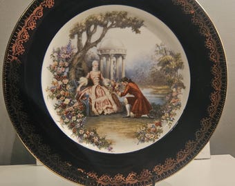 Vintage Royal Sutherland 10.5" Cabinet Plate, Cobalt Blue & 22k Gold Filigree, Fragonard Courting Couple Courting Scene, Fine Bone China Eng