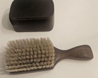 Bespoke Exotic Wood Club Brush with Custom Leather Travel Case, Hand-Stitched Saffiano Case, Natural Boar Bristle Travel Hairbrush Set