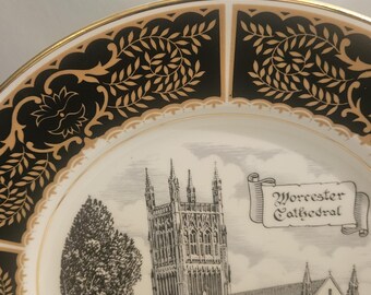Vintage Worcester Cathedral Decorative Plate 10.5” - English Fine China Cabinet Display Plate, Gold Filigree and Black Border Souvenir