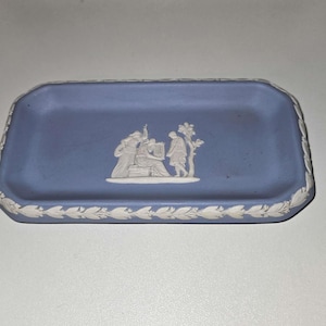 Antique Wedgwood Blue Jasperware Rectangular Pin Dish, "The Music Lesson" Trinket Tray, Victorian Ring Dish circa 1891-1908, Matte Sage Blue