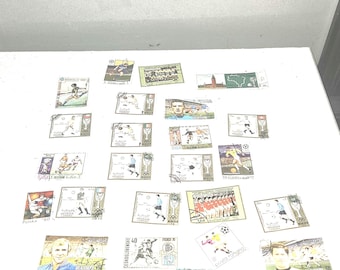 Vintage voetbalpostzegelspakket, wereldkampioenschap voetbal jaren 1970, ephemera voor scrapbooking, collagekunst en sportknutsels