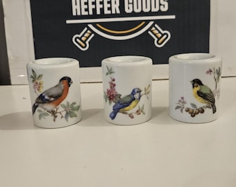 Vintage West-Duitsland grappig design keramische mini-kandelaars, set van 3 zangvogels, retro jaren 1970 kleine 13 mm klokkengelui taps toelopende kandelaars