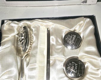 Zilveren babyaandenkencadeauset, My First Tooth & First Curl-dozen, vintage zilveren babyborstel en -kamset, nieuw babydoopcadeau