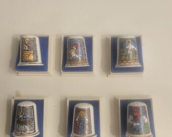 Vintage 1980s Stained Glass Style Bone China Thimbles, Set of 6 Religious Collectibles with Cases, Westbury Studio Style Wales Souvenirs