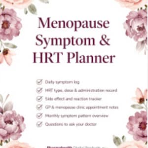 Może przedstawiać: Dokument Menopause Symptom & HRT Planner z kwiatową ramką z różowych i fioletowych róż. Tekst wymienia funkcje, w tym dziennik objawów, rejestr HRT, śledzenie skutków ubocznych, notatki z wizyt lekarskich oraz pytania do lekarza.