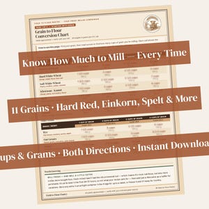 May include: A conversion chart titled "Grain to Flour Conversion Chart" with text overlays. The chart includes information on 11 grains, including Hard Red and Einkorn. Text overlays read "Know How Much to Mill - Every Time" and "Cups & Grams - Both Directions - Instant Download."
