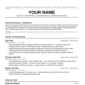 May include: A resume template with the heading "YOUR NAME" and contact information. The document includes sections for a professional summary, work experience, education, and skills. The text is black on a white background, with a "Page 1/2" footer.