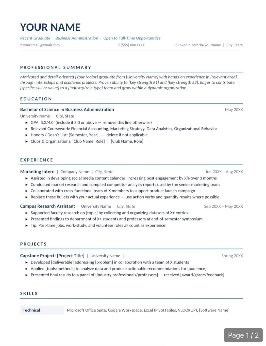 Recent Graduate Resume Template | Modern College CV (word, Google Docs ...