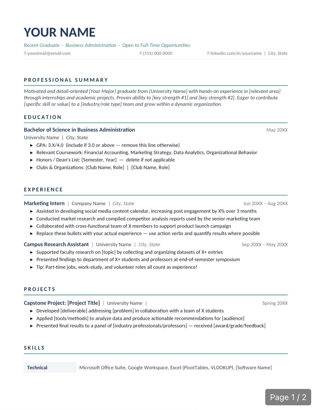 Recent Graduate Resume Template | Modern College CV (word, Google Docs ...
