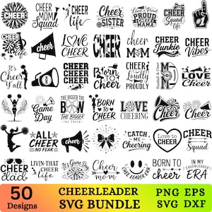 May include: A collection of 50 black and white digital graphic designs featuring cheerleading themes, including megaphones, pom-poms, bows, and various typography such as Cheer Mom, Cheer Life, and Born to Cheer, presented in a grid layout.