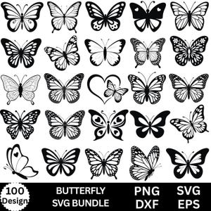 May include: A collection of twenty black and white butterfly illustrations arranged in a grid, featuring various wing patterns and shapes. The bottom text reads 100 Design BUTTERFLY SVG BUNDLE PNG DXF SVG EPS, showcasing digital graphic file formats.