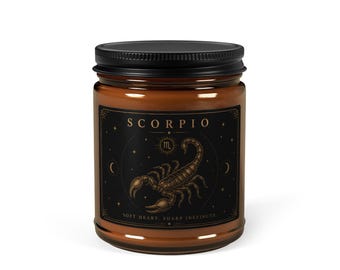 Candela del segno zodiacale Scorpione – Candela di soia Dark Celestial – Decorazione astrologica – Barattolo in ambra, idea regalo