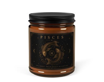 Pisces Zodiac Candle – Celestial Fish Soy Candle – Astrology Decor – Amber Jar Gift