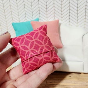 Miniature Dollhouse Pillow: Beachy Modern Decor, Teal Aqua Coral Cotton