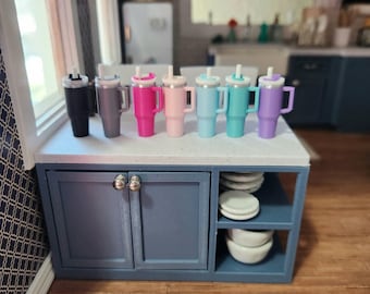 Dollhouse Mini Tumbler Cup Miniature Stanley Hydro Yeti Style Insulated Drink Cup with Straw and Lid - Black Gray Pink Purple Aqua Teal Blue