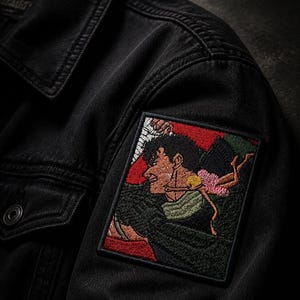 May include: A black denim jacket featuring a rectangular embroidered patch on the shoulder. The patch depicts a profile of a dark-haired character with a sword and a small winged figure against a red and dark green background with black borders.
