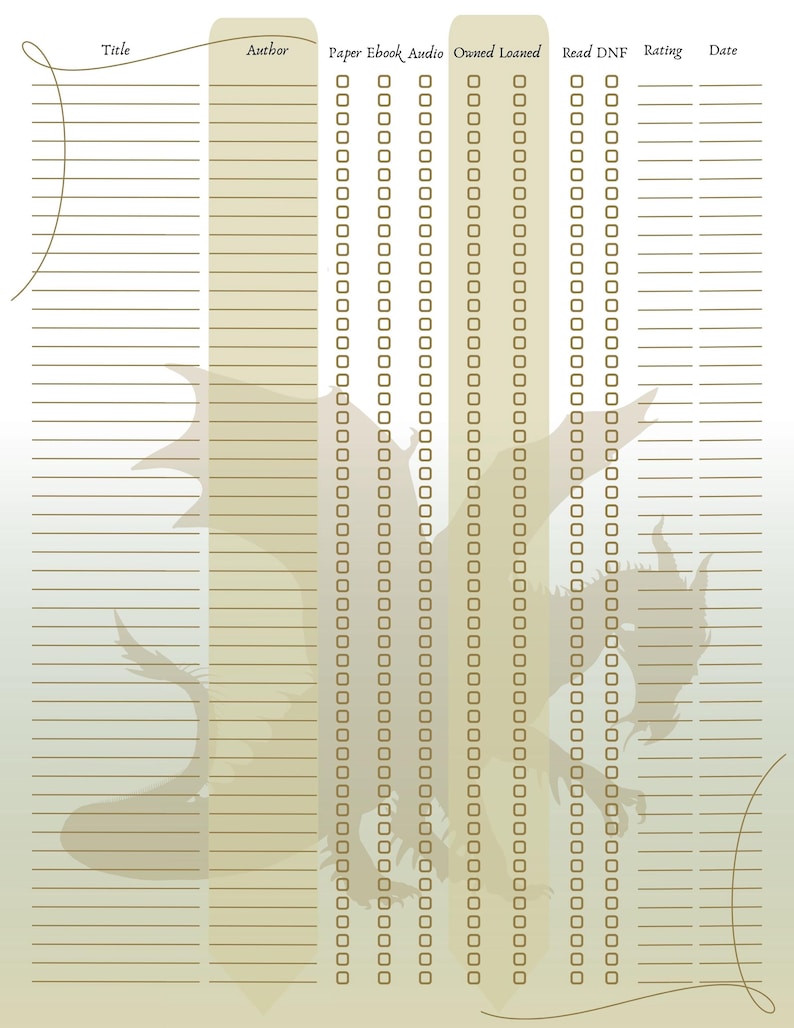 Book Tracker Printable Sheets - Dragon, Letter Format - Etsy