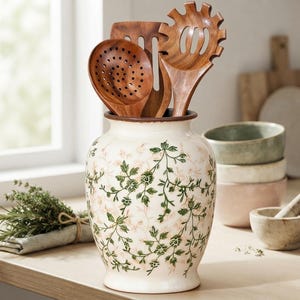 May include: A cream-coloured ceramic utensil crock featuring a green and light brown vine pattern, holding three wooden kitchen utensils including a slotted spoon, a spatula, and a pasta server, all with a smooth, polished wood grain finish.