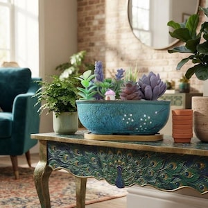 Modern Blue Glazed Ceramic Planter with Tray | Rectangular Bonsai Pot for Succulents, Cactus & Small Plants